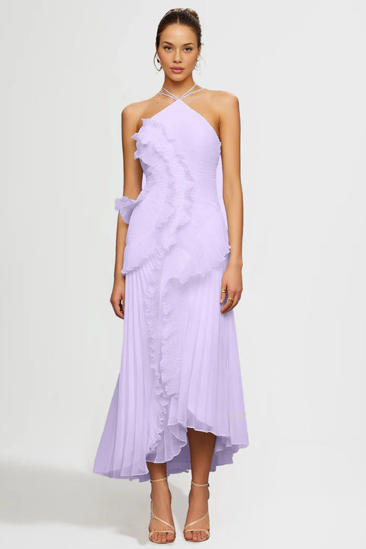 Robe midi plissée dos nu avec volants en cascade - Lavande