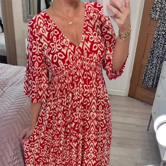 Robe mi-longue imprimée à taille haute et col en V Adelie