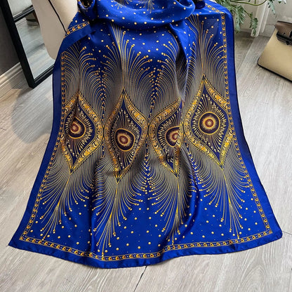 Celine - Peacock Design Luxury Satin Silk Scarf